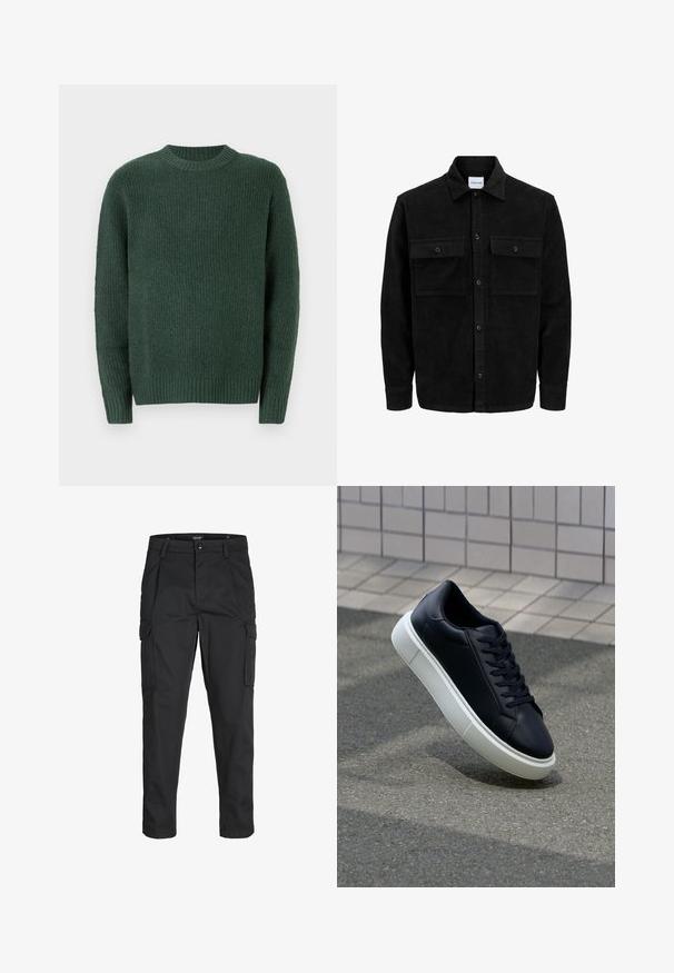 Mustmustöös nupuga jope, millel on kaks eesmist klapiga taskut ja klassikaline kaelus, pikad varrukad ning ribakujuline tekstuur.; Tume roheline kudumiga sviiter ümmarguse kaelusega. Omab soonikservi mansettide ja hemmi ääres, tekstuurset mustrit kogu ulatuses ning pikki varrukaid.; Mustad mustapõlvik, mis on valmistatud tugeva koe kasutades, sisaldab mitmeid taskuid, nupule kinnitatav sulgemine ja kitsenev disain.; Mustast nahast tennisetoss, millel on ümar nina ja valge kummist tall. Omab siredaid paelu ja minimaalset õmblemist ülemises osas. Tekstuuriga tald, mis tagab haakuvuse.