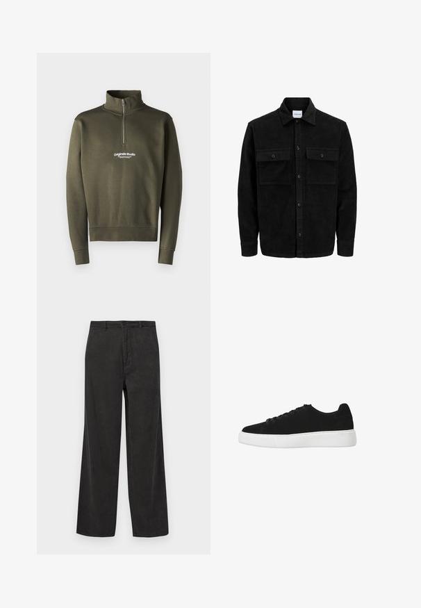 Černá kordurová košile s knoflíky, dvěma předními klopovými kapsami a klasickým límcem, dlouhými rukávy a vroubkovanou texturou.; Olivově zelená mikina na zip s vysokým límcem, se bílým logem na hrudi, vyrobená z měkké, texturované látky.; Černé kordovanové kalhoty s širokým střihem, které mají vertikální ribovanou texturu, zipový klouzavý uzávěr s knoflíkem a přední kapsy.; Černé semišové tenisky s kulatou špičkou, šněrovacím předkem a bílou gumovou podrážkou. Jednoduchý design s minimálními akcenty a hladkým povrchem.