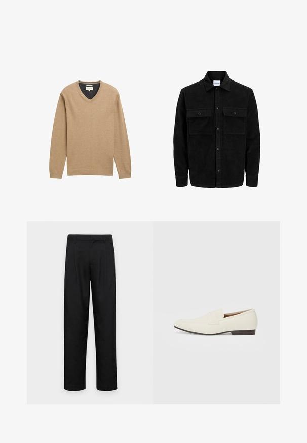 Jachetă din catifea neagră, cu butoni, două buzunare frontale cu clapetă și un guler clasic, mâneci lungi și textură ribbed.; Pulover bej cu decolteu în V, realizat dintr-un material tricotat moale, cu mâneci lungi și o margine nervurată. Detaliu subtil al logo-ului pe piept.; Pantaloni negri dintr-un material neted, cu un design drept, două pliuri frontale și un tiv standard cu bucle pentru curea.; Loafers bej cu un vârf ascuțit, dintr-un material neted, cu o bandă peste vamp și o talpă joasă maro. Design simplu cu accente minime.