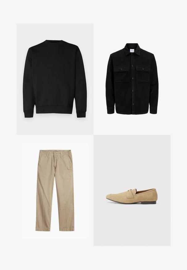 Melnas kordūru pogu jaka ar divām priekšējām atloka kabatām un klasisku apkakli, garām piedurknēm un ribotu tekstūru.; Melnā sporta krekls, kas izgatavots no mīksta auduma, ar apaļu kakla izgriezumu, garām piedurknēm un ribotām aprocēm un apdari, lai nodrošinātu pieguļošu izskatu.; Beigās taisnās kājas chinos bikses ar jostas cilpām, priekšējo pogu un rāvējslēdzēja aizdari, kā arī slīpām priekšējām kabatām.; Zābaki no zamša gaiši brūnā krāsā ar nelielu mirdzumu, ar noapaļotu purngalu, bezsaišu dizainu un zemu brūnu papēdi. Smalks šuvju detalizējums.