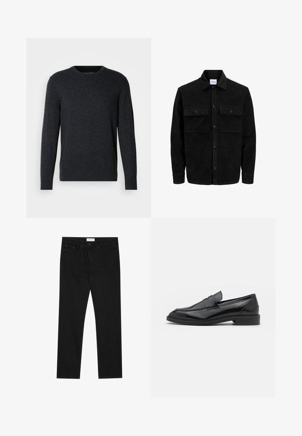 Mustat corduroy-nappi takki, jossa on kaksi etupistotaskua ja klassinen kaulus, pitkät hihat ja ribattu pinta.; Tumma harmaa neulepusero pitkähihaisilla, pyöreällä kaula-aukolla, ribbaustekniikalla varustetuilla hihoilla ja helmalla. Sileä rakenne, jossa on hienovaraisia värieroja. Ei erottuvia kuvioita.; Mustat suorat farkut, joissa on viisi taskua, napilla ja vetoketjulla varustettu sulkeminen, sekä Pier One -brändilogo vyötärölle.; Musta nahkakengät, joissa on sileä pinta, pyöristetty varvas ja kapea nauha päällä. Matala paksu kanta.