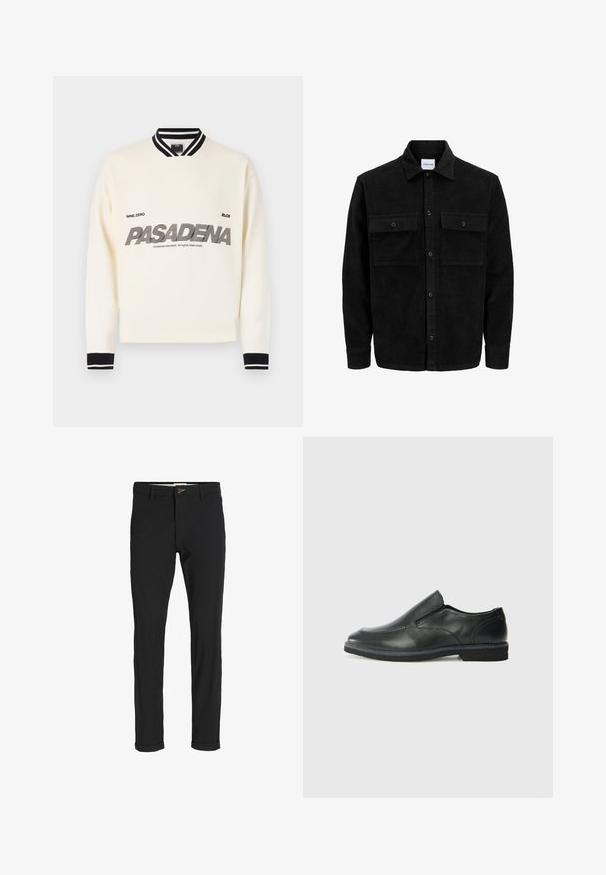 Czarna kurtka z korduru z guzikami, z dwoma przednimi kieszeniami na klapki oraz klasycznym kołnierzem, długimi rękawami i ryżowym splotem.; Biała bluza z czarnymi akcentami, posiadająca ściągacz przy kołnierzyku i mankietach. Na przodzie widnieje napis "PASADENA" w wyrazistym, stylizowanym kroju.; Czarne spodnie z bawełnianego materiału w slim fit, z zapięciem na guzik, kieszeniami i podwiniętymi mankietami, co nadaje im swobodny charakter.; Czarne skórzane buty wsuwane z gładką cholewką, przeszyciami, okrągłym noskiem i niskim gumowym obcasem. Podeszwa ma minimalny bieżnik.