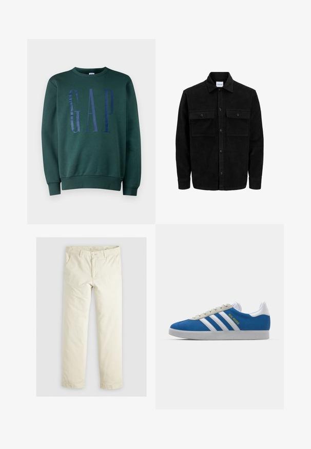 Mustmustöös nupuga jope, millel on kaks eesmist klapiga taskut ja klassikaline kaelus, pikad varrukad ning ribakujuline tekstuur.; Roheline pusak, millel on ümmargune kaelus ja soonikuga mansetid. Esipoolt kaunistab läikiv tumehall "GAP" logo. Pehme materjali tekstuur.; Heledadbež püksid, millel on lõtv istuvus, kolm taskut, vöökohad ja sirge lõikega disain. Valmistatud pehmest puuvillasegust materjalist.; adidas Originals ADIDAS GAZELLE SHOES - Saalijalgpalli saapad - real madrid/bluebird/footwear white/crew yellow