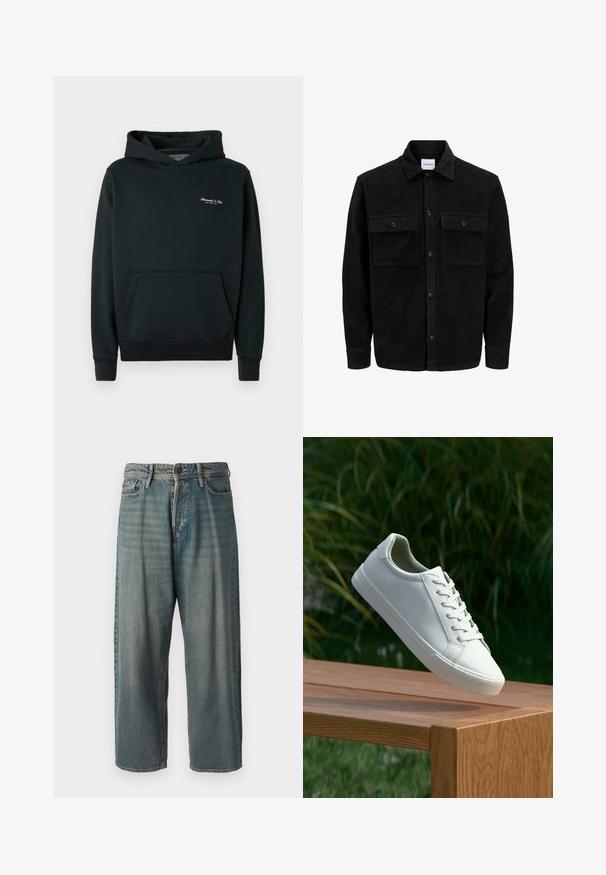 Veste en velours côtelé noire à boutons, avec deux poches à rabat à l'avant et un col classique, des manches longues et une texture côtelée.; Hoodie vert foncé en tissu doux, avec une poche frontale et des poignets et un ourlet côtelés. Petit logo blanc sur la poitrine.; Jeans en denim bleu clair avec une coupe ample, taille mi-haute et jambes droites. Comprend cinq poches, des passants de ceinture et une fermeture à bouton.; Sneaker en dentelle blanche flottant au-dessus d'un banc en bois avec un feuillage vert en arrière-plan, mettant en valeur le design et la texture de la chaussure.