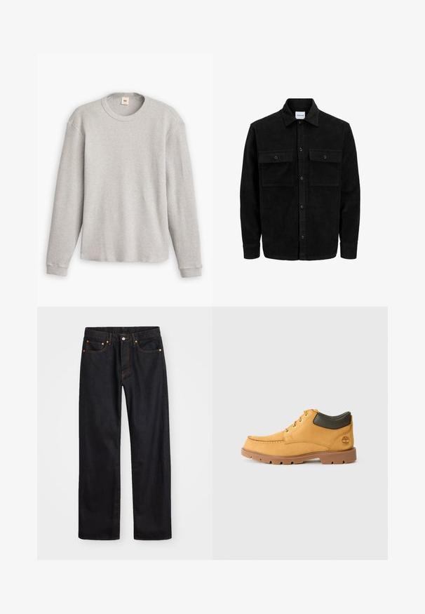 Mustmustöös nupuga jope, millel on kaks eesmist klapiga taskut ja klassikaline kaelus, pikad varrukad ning ribakujuline tekstuur.; Hallitatud hall pikkade varrukatega kudum, millel on soonikkoes pind, ümmargune kaelus ja sirge ääre. Varrukate servad on sobivad, valmistatud pehmest kangast.; Meeste sirge jala mustad denim teksad viie taskuga, oranž õmblus, nupu ja tõmblukuga ees nagu vöökoht.; Kollane nahast king, millel on pruun kummitald, ümar varvas ja roheline nahast pahkluuri detail. Omab kuldseid silmuseid ja õmblusaktsente.