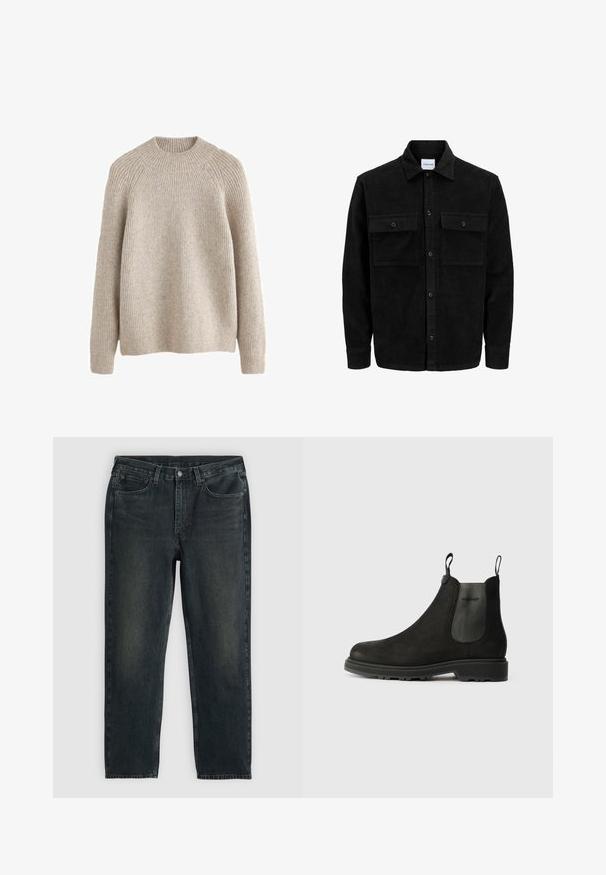 Chaqueta de pana negra con botones, dos bolsillos delanteros con solapa y un cuello clásico, mangas largas y textura acanalada.; Suéter de punto ribeteado en beige claro con cuello redondo alto y mangas largas. Textura suave y corte relajado, con costuras de hombros en raglán.; Vaqueros de mezclilla azul oscuro con un corte recto, que cuentan con cinco bolsillos, una cremallera en la bragueta y costuras en contraste. Ligera decoloración en la tela.; Botas Chelsea negras de ante con paneles elásticos a los lados, tiradores, punta redondeada y suela de goma resistente.