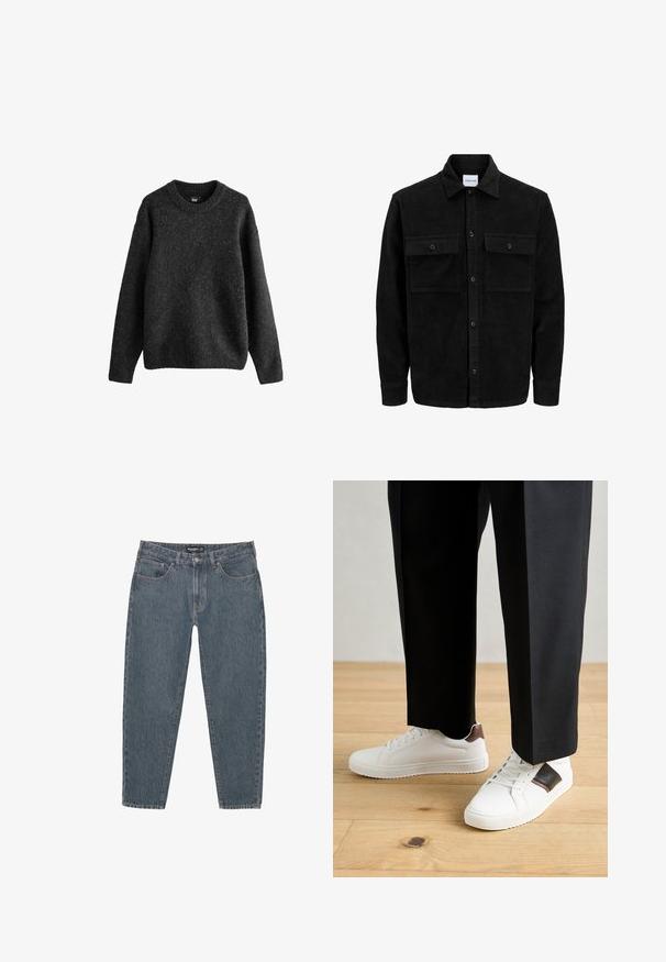 Veste en velours côtelé noire à boutons, avec deux poches à rabat à l'avant et un col classique, des manches longues et une texture côtelée.; Pull gris foncé, fabriqué en un mélange de laine texturé, présentant un col rond, des manches longues et des poignets et ourlets côtelés. Design simple.; Jean en denim bleu foncé, coupe décontractée, design à cinq poches, fermeture à bouton et ourlet légèrement effiloché. Matériau durable avec une texture subtile.; Des sneakers blanches au texture lisse, avec des accents en cuir marron et des détails noirs, assorties à un pantalon noir ajusté. Fond en parquet.