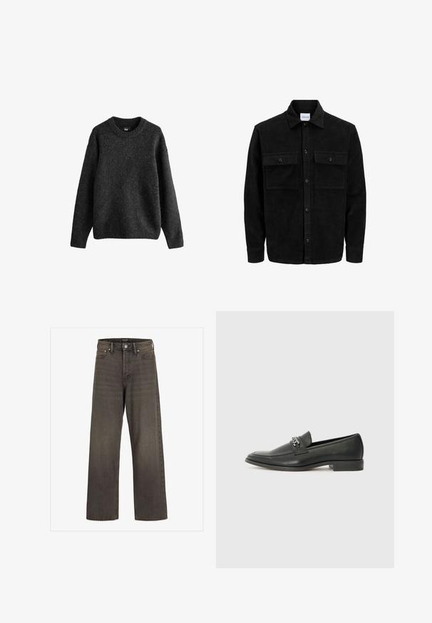Black corduroy button-up jacket with two front flap pockets and a classic collar, long sleeves, and ribbed texture.; Dark grey sweater, made of a textured wool blend, featuring a crew neck, long sleeves, and ribbed cuffs and hem. Simple design.; Wide-leg jeans in dark grey denim, featuring a high waist, classic five-pocket design, and contrasting stitching along the seams.; Black leather loafer with a smooth finish, featuring a stitched design and a decorative metal chain accent across the vamp. Flat heel.