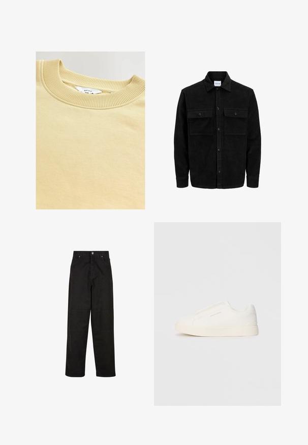 Schwarze Corduroy-Button-Up-Jacke mit zwei frontalem Klappentaschen und klassischem Kragen, langen Ärmeln und gerippter Textur.; Cremfarbener Sweatshirt mit geripptem Rundhalsausschnitt. Weiche Textur und glattes Material, mit einem Etikett mit dem Schriftzug "NEXT" innen.; Schwarze, weite Baumwollhosen mit glatter Textur, ausgestattet mit zwei frontalen Taschen, einem Knopfverschluss und einem geraden Schnitt.; Weiße Slip-On-Sneaker mit einer strukturierten Oberfläche, dicker Sohle und minimalistischem Design. Mit Logo der Marke an der Seite.
