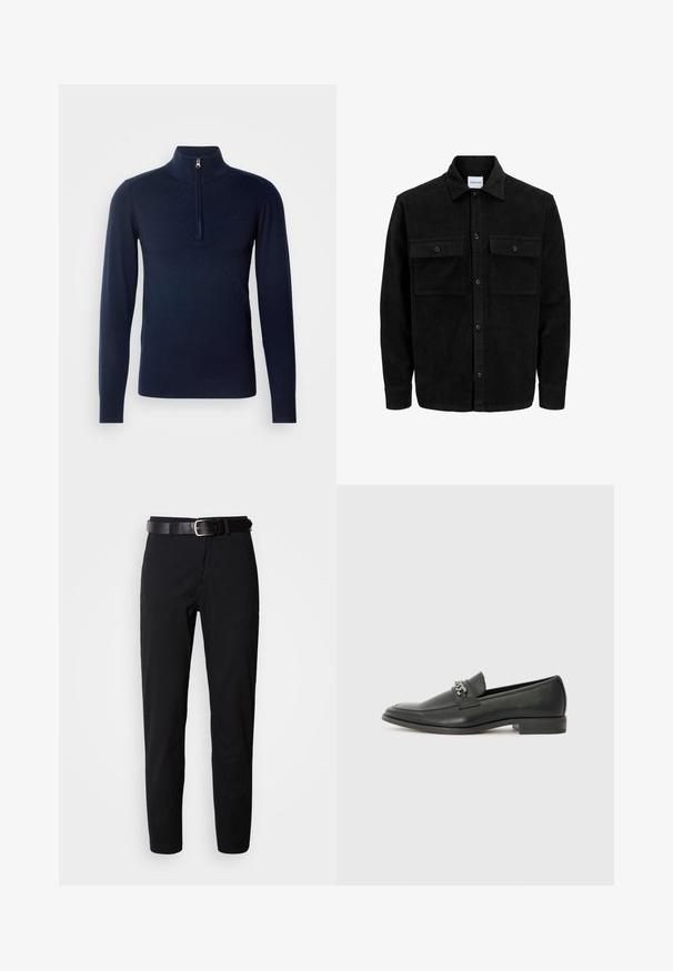 Juodas velveto mygtukų švarkas su dviem priekiniais kišenėmis su atvartais, klasikiniu apykakle, ilgomis rankovėmis ir raukšlėtu paviršiumi.; Tamsiai mėlynas megztinis su aukštu apykakle, turintis ketvirčio užtrauktuką ir raibais rankogaliais. Sklandus paviršius ir minimalistinis dizainas.; Juodi kelnių modeliai su tiesiu kirpimu, turintys lygų paviršių ir juodas odinis diržas su sidabriniu sagtimi. Paprastas dizainas, be raštų ar akcentų.; Juodos odinės loafer tipo bateliai su lygiu paviršiumi, turintys siuvinėtą dizainą ir dekoratyvų metalo grandinėlės akcentą ant batų viršaus. Plokščias kulnas.