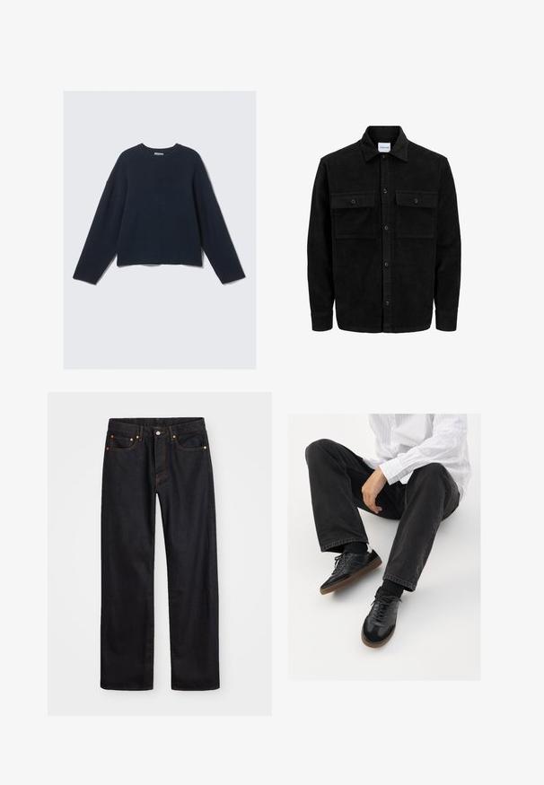 Giacca in corduroy nera con bottoni, due tasche anteriori con patta, colletto classico, maniche lunghe e texture a coste.; Maglione a maglia blu navy a maniche lunghe con scollo rotondo e spalle leggermente scese su uno sfondo chiaro e semplice.; Jeans neri in denim dritto da uomo con cinque tasche e cuciture arancioni, chiusura con bottone e zip sulla vita anteriore.; Sneaker nere con una tomaia liscia e testurizzata, con suola in gomma e lacci scuri. Abbinati a jeans neri e una camicia bianca a righe.