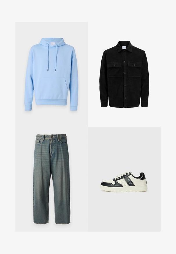 Schwarze Corduroy-Button-Up-Jacke mit zwei frontalem Klappentaschen und klassischem Kragen, langen Ärmeln und gerippter Textur.; Himmelblaues Hoodie aus weichem Material mit einer vorderen Kängurutasche, verstellbaren Zugbändern und gerippten Bündchen und Saum.; Helle blaue Denim-Jeans mit lockerer Passform, mittelhoher Taille und geraden Beinen. Hat fünf Taschen, Gürtelschlaufen und einen Knopfverschluss.; Leder-Sneaker in Schwarz- und Cremetönen, mit perforierten Akzenten, einem gepolsterten Kragen und einer strukturierten Laufsohle.