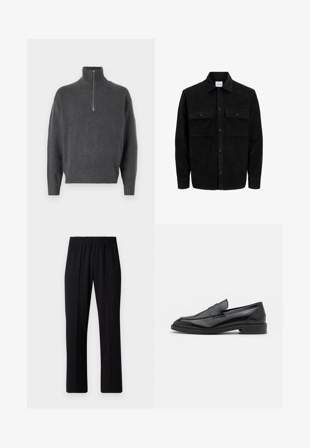 Čierna kordúrová bunda s gombíkmi, dvoma prednými vreckami so záklopkou a klasickým golierom, dlhými rukávmi a ryhovanou textúrou.; Jack & Jones JOROLLIE HALF ZIP - Svetrík - iron gate; Čierne nohavice s elastickým pásom a rovnými nohavicami, majú hladkú textúru a žiadne viditeľné vzory ani kovové doplnky.; Čierne kožené loaferky s hladkým povrchom, s okrúhlou špičkou a úzkym pásom cez vrch. Nízky vrstvený podpätok.
