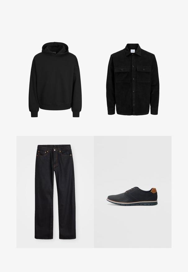 Giacca in corduroy nera con bottoni, due tasche anteriori con patta, colletto classico, maniche lunghe e texture a coste.; Felpa nera con cappuccio realizzata in tessuto morbido, dotata di cappuccio con cordino, maniche lunghe e polsini e fondo a costine. Design semplice senza motivi.; Jeans neri in denim dritto da uomo con cinque tasche e cuciture arancioni, chiusura con bottone e zip sulla vita anteriore.; Scarpe sintetiche nere con tomaia testurizzata, dettagli lisci, tacco marrone e suola a contrasto. Presentano una lacerazione minimale e dettagli di cucitura.