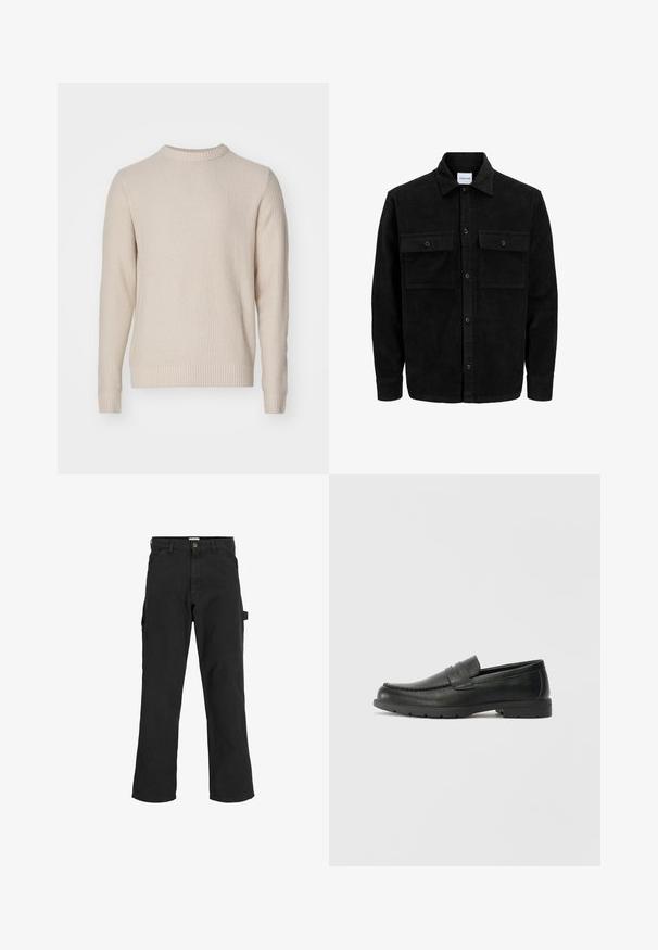 Crni kožni kord jakna na dugmad s dva prednja džepa s preklopom i klasičnim ovratnikom, dugim rukavima i rebrastom teksturom.; Pletena džempera u svijetlo bež boji s teksturiranim uzorkom, okruglim izrezom, rebrastim manžetama i rubom, izrađena od mekog, toplog materijala.; Crne cargo hlače od mješavine pamuka. Imaju široke nogavice, prednje kuteve džepove i bočni džep s petljom za dodatke.; Crne kožne mokasine s glatkom površinom, gornji dio u stilu mokasina, ojačani šavovi i gumeni potplat. Klasičan dizajn s niskom petom.