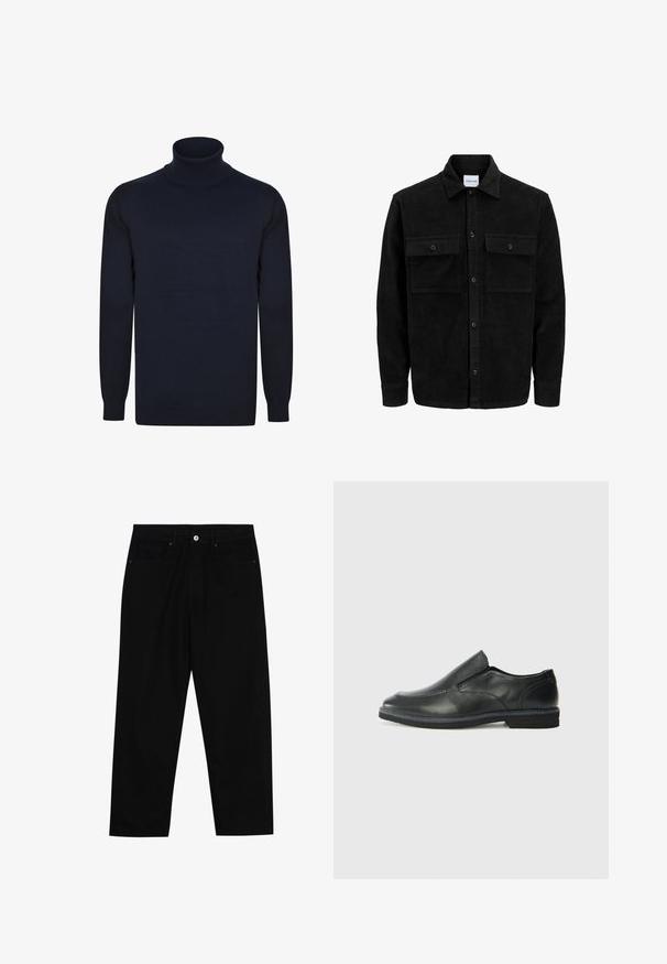 Zwarte corduroy knopenjack met twee voorste klepzakken en een klassieke kraag, lange mouwen en ribbelstructuur.; Marineblauwe geribde coltrui met lange mouwen, gemaakt van een gladde breiwerkstof, met een aansluitende pasvorm en rekbare manchetten.; Zwarte denim broek met een recht gesneden pasvorm, vijf gebruikersvriendelijke zakken en een sluiting met een knoop aan de voorkant. Soepele textuur met minimale stikdetails.; Zwarte leren instapper met een soepele bovenkant, gestikte accenten, ronde neus en een lage rubberen hak. De zool heeft minimale profiel.