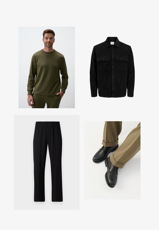 Schwarze Corduroy-Button-Up-Jacke mit zwei frontalem Klappentaschen und klassischem Kragen, langen Ärmeln und gerippter Textur.; Olivgrüner langärmeliger Sweatshirt mit rundem Ausschnitt und gerippten Bündchen, aus weichem Material, mit einem einfachen, schlichten Design.; Schwarze, Gummibund-Hosen mit geradem Schnitt, die eine glatte Textur aufweisen und keine sichtbaren Muster oder Beschläge haben.; Schwarze Lederschuhe mit glatter Oberfläche, versehen mit Schnürsenkeln und einer runden Zehenpartie, kombiniert mit hochgekrempelten khakifarbenen Hosen.