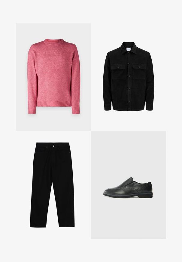 Mustmustöös nupuga jope, millel on kaks eesmist klapiga taskut ja klassikaline kaelus, pikad varrukad ning ribakujuline tekstuur.; Jack & Jones JOROLLIE CREW NECK - Džemper - fuchsia rose; Mustadest denimist püksid, millel on sirge jalg, viie tasku disain ja eesnupuga sulgur. Sile tekstuur koos minimaalsete õmblustega.; Must musta laia suuga king, millel on sile ülemine osa, õmmeldud detailid, ümmargune nina ja madal kummist konts. Tallal on minimaalne mustr.