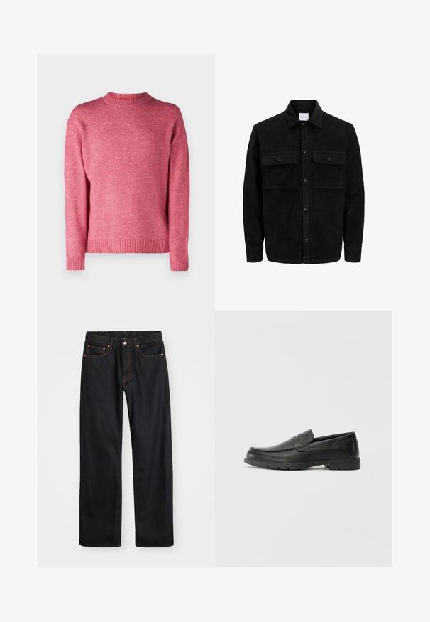 Melnas kordūru pogu jaka ar divām priekšējām atloka kabatām un klasisku apkakli, garām piedurknēm un ribotu tekstūru.; Jack & Jones JOROLLIE CREW NECK - Džemperis - fuchsia rose; Vīriešu taisno kāju melnie džinsi ar piecām kabatām un oranžu izšuvumu, ar pogu un zipa aizdari priekšējā jostas daļā.; Melnas ādas loafers ar gludu apdari, mokasīnu stila augšdaļu, šūtu detalizāciju un gumijas zoli. Klasisks dizains ar zemu papēdi.