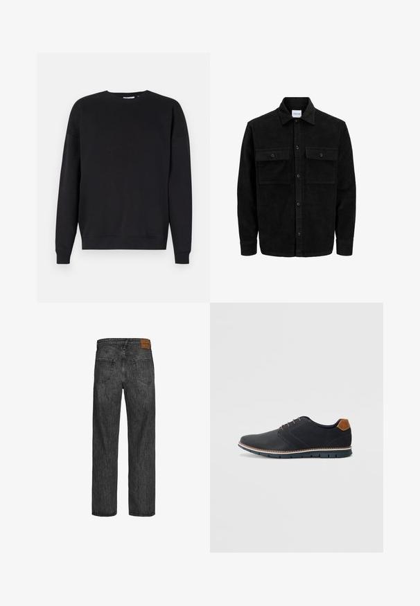 Black corduroy button-up jacket with two front flap pockets and a classic collar, long sleeves, and ribbed texture.; Black sweatshirt made of soft fabric featuring a crew neckline, dropped shoulders, ribbed cuffs, and a straight hem. No patterns or logos visible.; Black denim jeans with a straight leg design, five-pocket style, and a brown leather patch at the waistband. Textured fabric with stitching details.; Black synthetic shoes with a textured upper, smooth accents, brown heel, and a contrasting sole. Features minimal lacing and stitch details.