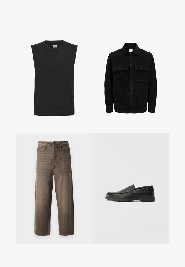Black corduroy button-up jacket with two front flap pockets and a classic collar, long sleeves, and ribbed texture.; Sleeveless knit sweater in dark gray, featuring a round neckline and a soft texture. Simple design with no visible patterns or accents.; Brown wide-leg jeans made from denim. Features a zip fly, belt loops, and five pockets. The fabric shows a faded, textured appearance.; Black leather loafers with a smooth finish, moccasin-style upper, stitched detailing, and a rubber sole. Classic design with a low heel.
