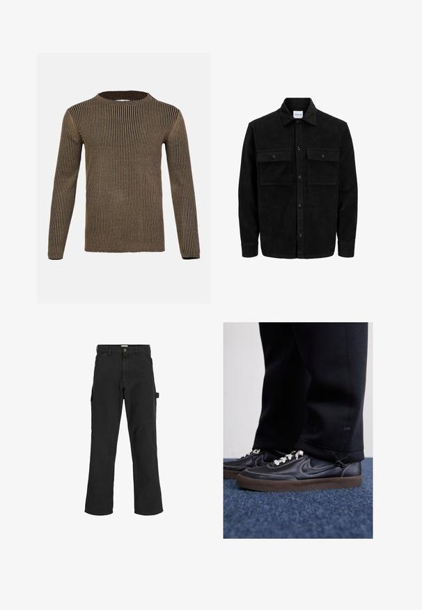 Zwarte corduroy knopenjack met twee voorste klepzakken en een klassieke kraag, lange mouwen en ribbelstructuur.; Bruine en zwarte gestreepte trui met lange mouwen, een ronde hals, ribbeltextuur en rechte zoom. Gemaakt van zacht, gebreid materiaal.; Zwarte cargobroek van een katoenmix. Heeft wijde pijpen, schuin voorzakken en een zijzak met een lus voor accessoires.; Nike Sportswear KILLSHOT 2 LTR PRM OPP2 - Sneakers laag - black sail baroque brown mtlc dk grey
