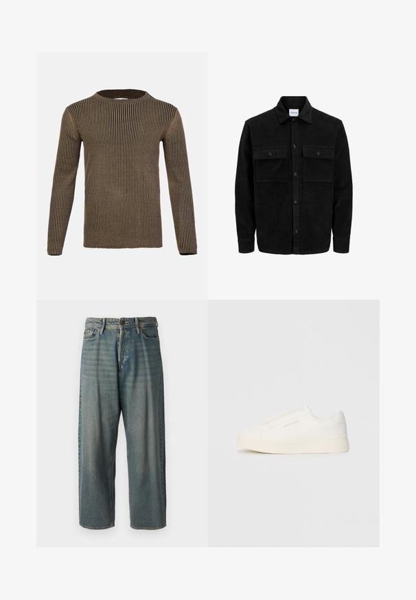 Veste en velours côtelé noire à boutons, avec deux poches à rabat à l'avant et un col classique, des manches longues et une texture côtelée.; Pull à manches longues rayé marron et noir avec un col rond, texture côtelée et ourlet droit. Fabriqué en matériau tricoté doux.; Jeans en denim bleu clair avec une coupe ample, taille mi-haute et jambes droites. Comprend cinq poches, des passants de ceinture et une fermeture à bouton.; Baskets blanches sans lacets avec une surface texturée, une semelle épaisse et un design minimaliste. Présente le logo de la marque sur le côté.