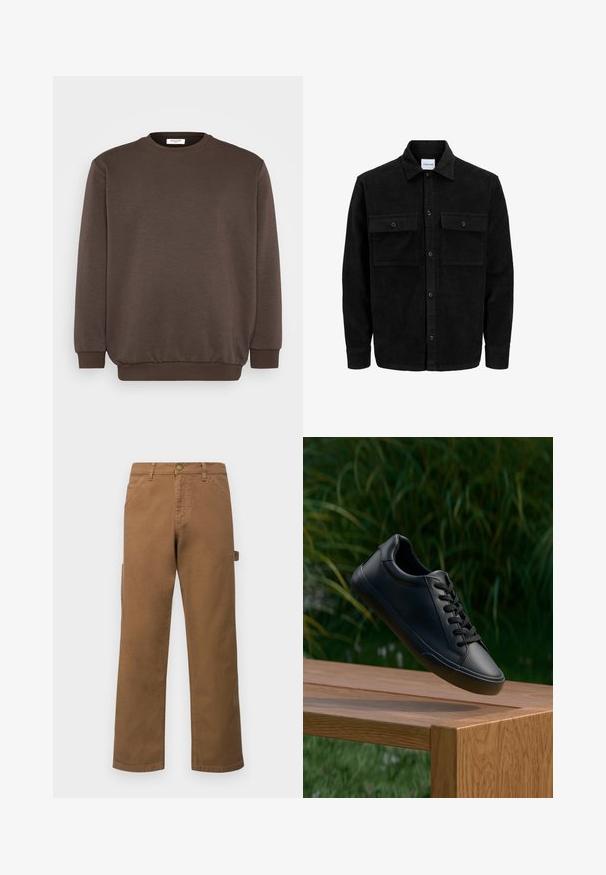 Veste en velours côtelé noire à boutons, avec deux poches à rabat à l'avant et un col classique, des manches longues et une texture côtelée.; Jack & Jones JJEBRADLEY CREW - Sweatshirt - mulch; Pantalon cargo en coton marron avec jambes droites, doté de poches latérales et d'un bouton en métal à la taille. Texture lisse et design décontracté.; Sneaker en cuir noir avec une texture lisse, bout rond et lacets plats, positionné au-dessus d'une surface en bois avec de l'herbe verte en arrière-plan.