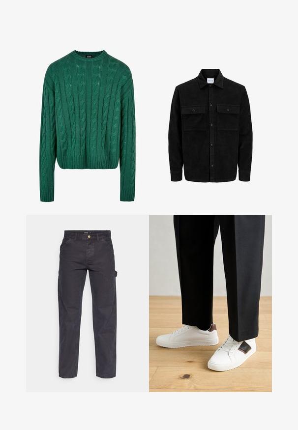 Mustmustöös nupuga jope, millel on kaks eesmist klapiga taskut ja klassikaline kaelus, pikad varrukad ning ribakujuline tekstuur.; Roheline soonikkoe särk, millel on ümmargune kaelus ja pikad varrukad. Omab lühendatud disaini ja tekstuurset mustrit kogu pinnal.; Tumehallid cargo-püksid, mis on valmistatud vastupidavast kangast, sirge lõikega, viie tasku ja nupuga kinnitusega vööl.; Valged sneakersid siledat tekstuurist, millel on pruunad nahast detailid ja mustad aksessuaarid, millele on sobitatud mustad kohandatud püksid. Puitpõranda taust.