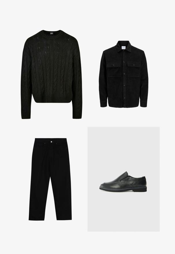 Črna kordurojska jakna z gumbi, z dvema sprednjima žepoma z zavihkom in klasičnim ovratnikom, dolgimi rokavi ter rebrasto teksturo.; Črn pleteni pulover s kabelskimi vzorci, krojenim izrezom, spuščenimi rameni in rebrastim robom. Srednje kratka zasnova z teksturiranim zaključkom.; Črne denim hlače z ravnim krojem, petimi žepi in sprednjim gumbom. Gladka tekstura z minimalnimi šivi.; Črne usnjene natikače z gladkim zgornjim delom, prišitimi detajli, zaobljenim nosom in nizkim gumijastim petkom. Podplat ima minimalen profil.