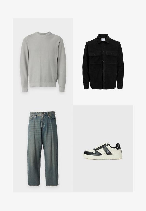 Giacca in corduroy nera con bottoni, due tasche anteriori con patta, colletto classico, maniche lunghe e texture a coste.; Maglione lavorato a maglia grigio chiaro con scollatura rotonda, maniche lunghe, polsini e orlo a costine. Tessuto testurizzato con un motivo uniforme su tutta la superficie.; Jeans di denim azzurro chiaro con vestibilità ampia, vita media e gambe dritte. Presenta cinque tasche, passanti per cintura e chiusura con bottone.; Sneakers in pelle con una combinazione di colori nero e crema, dotati di dettagli perforati, collare imbottito e suola testurizzata.