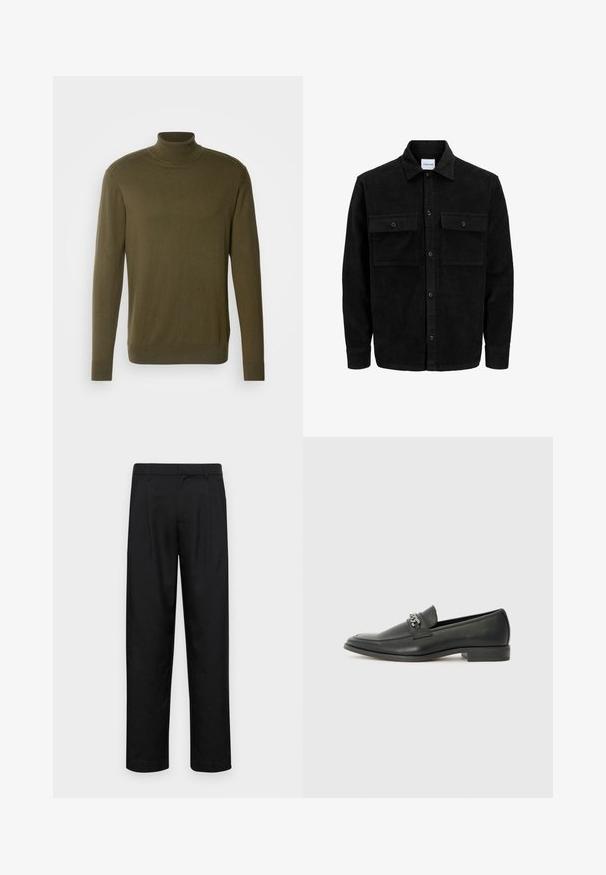 Schwarze Corduroy-Button-Up-Jacke mit zwei frontalem Klappentaschen und klassischem Kragen, langen Ärmeln und gerippter Textur.; Olivgrüner Rollkragenpullover aus glattem, leichtem Stoff; mit langen Ärmeln und gerippten Bündchen und Saum.; Schwarze Hose aus glattem Stoff, mit geradem Bein Design, zwei vorderen Falten und einem Standardbund mit Gürtelschlaufen.; Schwarzer Lederloafer mit glatter Oberfläche, ausgestattet mit einer gesteppten Gestaltung und einem dekorativen Metallkettendetail über dem Vorderblatt. Flacher Absatz.