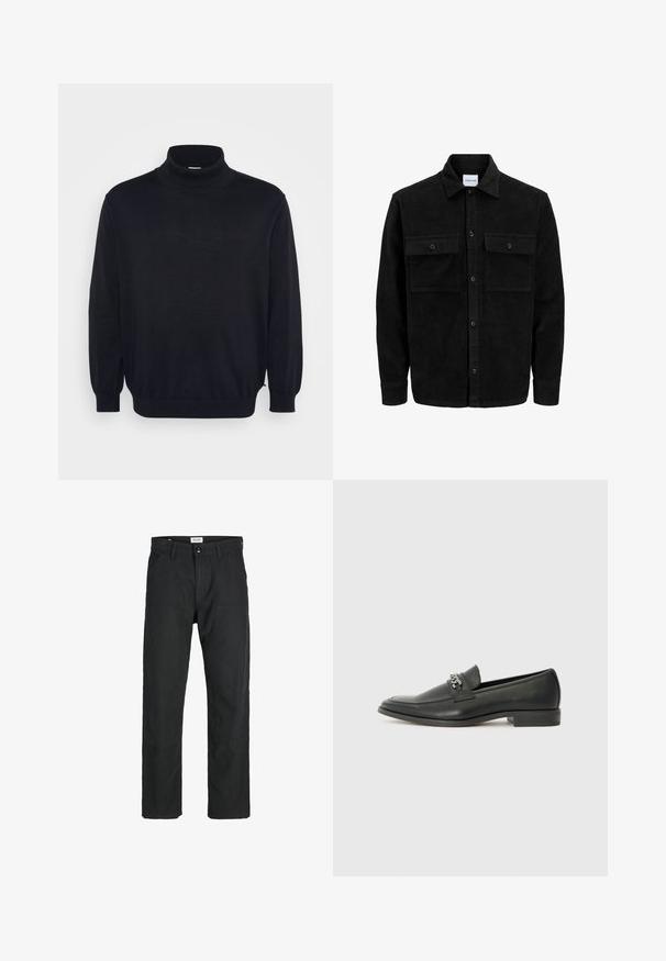 Melnas kordūru pogu jaka ar divām priekšējām atloka kabatām un klasisku apkakli, garām piedurknēm un ribotu tekstūru.; Melnas tīkliņa dzidrā ar garām piedurknēm, rievotām apkaklītēm un aprocēm, piedāvā brīvu piegriezumu un gludu tekstūru. Izstrādāts ikdienas nēsāšanai.; Melnas bikses no izturīga auduma, ar taisna griezuma dizainu, izšūtām akcentiem un divām priekšējām kabatām funkcionālitātei.; Melna ādas loafer izmēra apavi ar gludu virsmu, piedāvā ar šūtu dizainu un dekoratīvu metāla ķēdes akcentu pār vampu. Plakana papēža daļa.