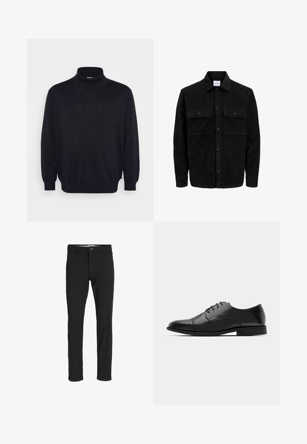 Svart kordfløyels knappjakke med to frontlommer med klaff og klassisk krage, lange ermer og ribbet tekstur.; Svart genser med høy hals og lange ermer, ribbestrikket halslinning og mansjetter, med en avslappet passform og glatt tekstur. Designet for hverdagsbruk.; Svart bomullsblandingsbukser med smal passform, med knappelukking, lommer og rullede mansjetter for en avslappet finish.; Svart skinn dressko med avrundet tå, snøring, subtile sømdetaljer og lav hæl. Glatt tekstur med polert finish.