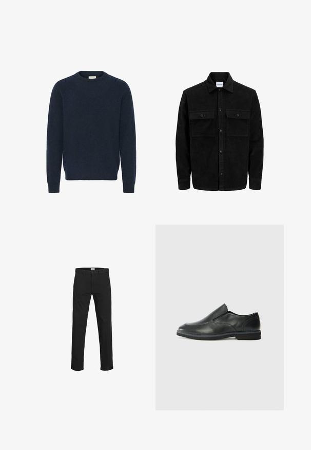 Mustat corduroy-nappi takki, jossa on kaksi etupistotaskua ja klassinen kaulus, pitkät hihat ja ribattu pinta.; Navy sininen neulepaita, jossa on pyöreä pääntie, pitkät hihat ja ribbadut hihansuut; valmistettu pehmeästä, teksturoidusta materiaalista. Ei kuvioita eikä akseyriä näkyvissä.; Mustat puuvillahousut, joissa on suora leikkaus, vyölenkit, vetoketjulla ja napilla suljettava etuosa sekä sivutaskut.; Musta nahkainen liukujalkine, jossa on sileä pinta, ommeltuja yksityiskohtia, pyöristetty kärki ja matala kumipohja. Pohjassa on minimaalinen pito.