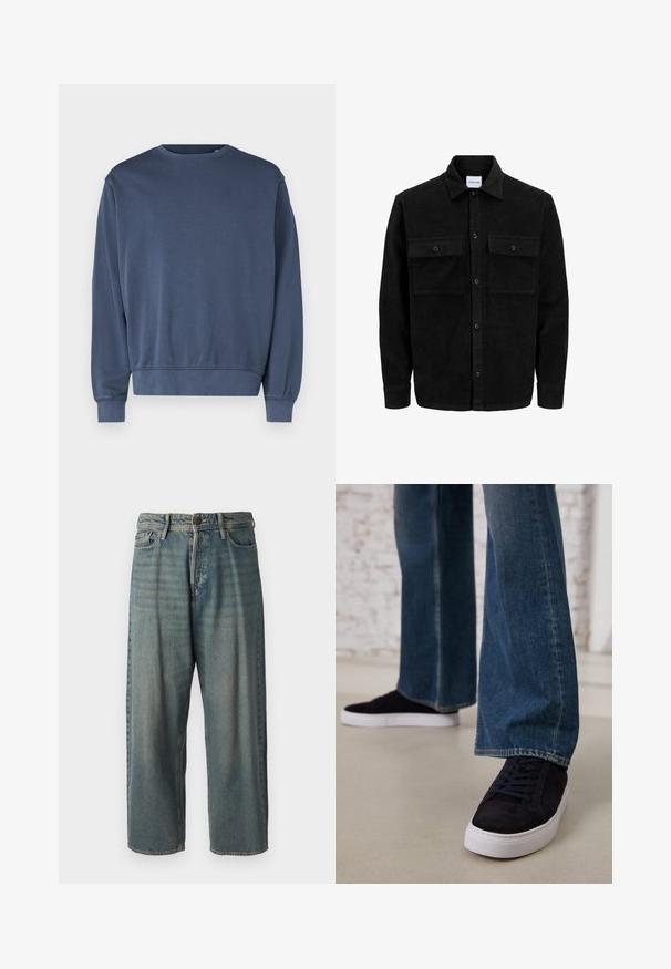 Crni kožni kord jakna na dugmad s dva prednja džepa s preklopom i klasičnim ovratnikom, dugim rukavima i rebrastom teksturom.; Tamno plavi dukserica od mekanog materijala, s okruglim izrezom, dugim rukavima i rebrastim manžetama i donjem rubu. Jednostavan dizajn, bez uzoraka ili grafika.; Svijetloplave traperice s širokim krojem, srednjim pojasom i ravnim nogavicama. Ima pet džepova, petlje za remen i kopčanje na gumb.; Tamno plave ante bluze tenisice s bijelim gumam potplatom i vezicama, u kombinaciji s trapericama širokih nogavica u srednje plavoj boji.