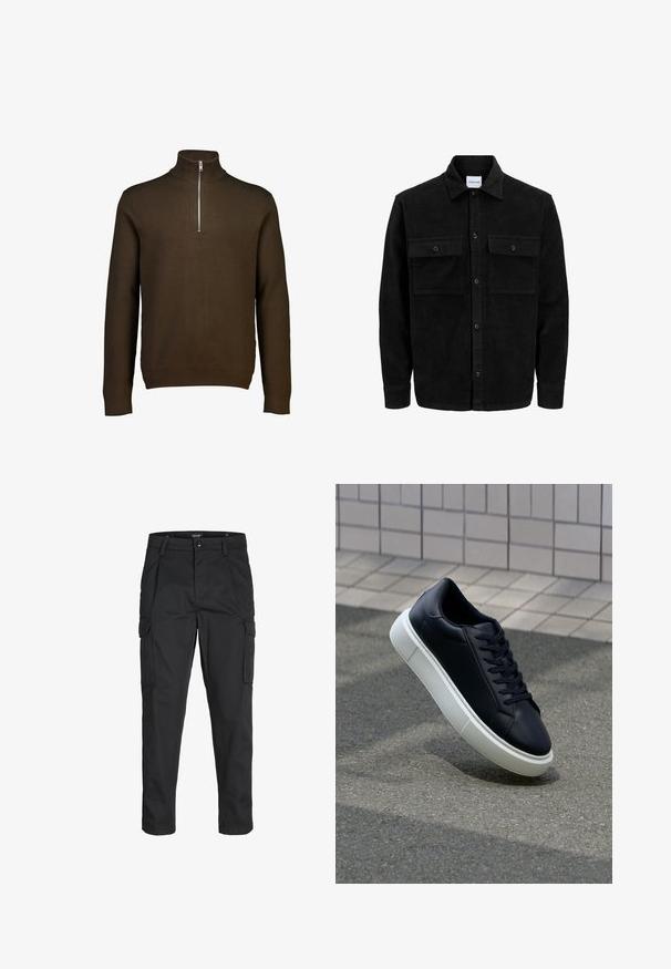 Svart kordflodjacka med knappar, två framfickor med klaff och klassisk krage, långa ärmar och ribbad textur.; Brun zip-hals tröja tillverkad av ett mjukt stickat material. Har lång ärm, ribbad krage och en silverfärgad dragkedja för enkel på- och avtagning.; Svarta cargobyxor tillverkade av hållbart tyg, med flera fickor, knappstängning och en smal passform med avsmalnande ben.; Svart lädersneaker med rundad tå och vit gummisula. Har platta snören och minimal sömnad på ovansidan. Texturerad sula för grepp.