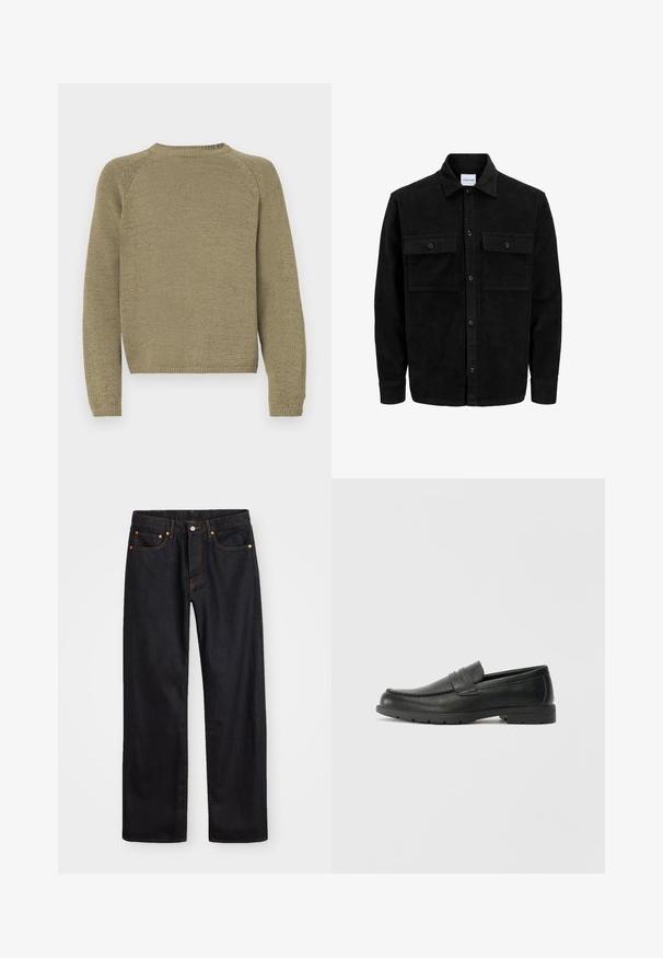 Svart kordfløyels knappjakke med to frontlommer med klaff og klassisk krage, lange ermer og ribbet tekstur.; Olivenfarget genser med strukturert strikkedesign, raglanermer og rund hals. Urden og mansjettene er ribbestrikket.; Men's straight-leg svarte denim jeans med fem lommer og oransje søm, knapp og glidelås lukking foran på midjen.; Svart skinnloafers med glatt finish, mokkasin-stil overdel, broderte detaljer og gummisåle. Klassisk design med lav hæl.