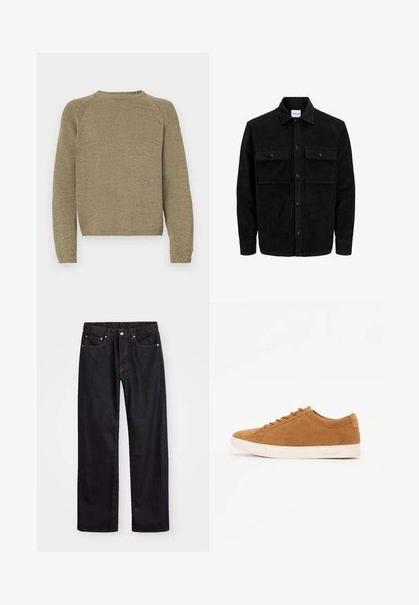 Melnas kordūru pogu jaka ar divām priekšējām atloka kabatām un klasisku apkakli, garām piedurknēm un ribotu tekstūru.; Olivza zaļa džemperis ar teksturētu adījumu, raglanu piedurknēm un apaļu kakla izgriezumu. Apakšmala un piedurkņu gali ir ribotas.; Vīriešu taisno kāju melnie džinsi ar piecām kabatām un oranžu izšuvumu, ar pogu un zipa aizdari priekšējā jostas daļā.; Brūni zamšādas ikdienas apavi ar zemu augstumu, baltu gumijas zoli un noapaļotu purngalu. Iezīmē saskaņotas auklas un minimālu zīmolu uz papēža.