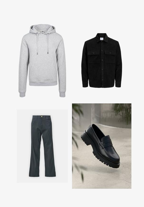 Černá kordurová košile s knoflíky, dvěma předními klopovými kapsami a klasickým límcem, dlouhými rukávy a vroubkovanou texturou.; Šedá mikina s kapucí a klokankou, elastickými manžetami, šňůrkami a měkkou, strukturovanou tkaninou. Neformální design vhodný k vrstvení.; Černé kalhoty s rovnými nohavicemi, vyrobené z bavlněné směsi. Mají kovové zapínání a boční kapsy. Bez viditelných vzorů.; Černé kožené mokasíny s robustní podrážkou, s ozdobným páskem a detailem prošívání. Hladký povrch s lesklým finišem.