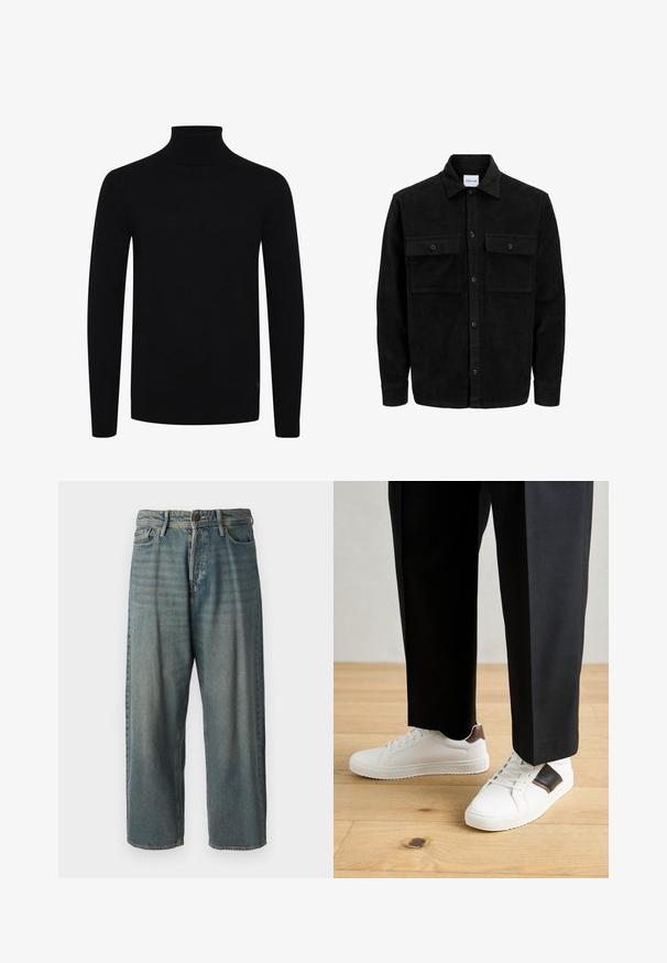 Černá kordurová košile s knoflíky, dvěma předními klopovými kapsami a klasickým límcem, dlouhými rukávy a vroubkovanou texturou.; Černý rolák, dlouhé rukávy, ribbový límec a lem, vyrobený z hladkého pleteného materiálu, obsahuje nenápadné logo na spodní straně.; Světle modré denimové džíny s volným střihem, středně vysokým pasem a rovnými nohavicemi. Obsahují pět kapes, poutka na opasek a zapínání na knoflík.; Bílé tenisky s hladkým povrchem, s hnědými koženými akcenty a černými detaily, kombinované s černými kalhotami na míru. Pozadí tvoří dřevěná podlaha.