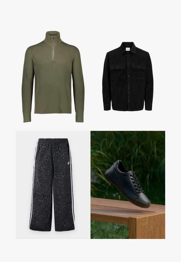 Juodas velveto mygtukų švarkas su dviem priekiniais kišenėmis su atvartais, klasikiniu apykakle, ilgomis rankovėmis ir raukšlėtu paviršiumi.; Alyvuogių žalia juostuota megztinė su aukštu apykakle ir ketvirčio užtrauktuku. Rekomenduojama ilgomis rankovėmis ir tekstūruotu paviršiumi.; adidas Originals GRAPHIC UNISEX - Treningo apatinė dalis - black; Juodos odinės sportbačių su lygiu paviršiumi, apvaliu pirštu ir plokščiomis raišteliais, padėti ant medinės paviršiaus su žaliais žolės fono.