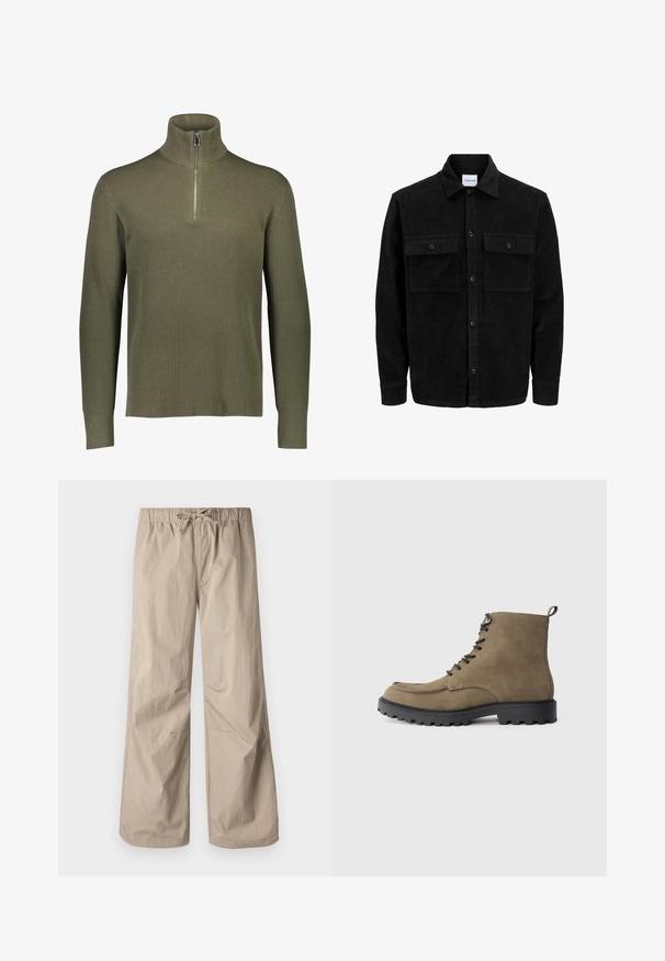 Black corduroy button-up jacket with two front flap pockets and a classic collar, long sleeves, and ribbed texture.; Olive green ribbed knit pullover with a high collar and quarter-zip closure. Features long sleeves and a textured finish.; Beige wide-leg pants with an elastic waistband and drawstring. Smooth texture, two side pockets, and minimal seams for a relaxed fit.; Tan suede boot with black rubber sole, round toe, lace-up front, and contrasting stitching. Features a loop at the heel for easy wear.