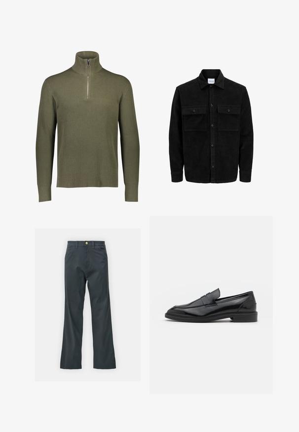 Melnas kordūru pogu jaka ar divām priekšējām atloka kabatām un klasisku apkakli, garām piedurknēm un ribotu tekstūru.; Olive zaļš ribots trikotāžas džemperis ar augstu apkakli un ceturtdaļas rāvējslēdzējs. Izkārtoti garās piedurknes un teksturēta apdare.; Melnas bikses ar taisnu kāju griezumu, izgatavotas no kokvilnas maisījuma auduma. Tām ir metāla pogas aizdare un sānu kabatas. Nav redzamu rakstu.; Melnas ādas loafers ar gludu virsmu, ar noapaļotu purngalu un šauru joslu pāri augšdaļai. Zems kaudzes papēdis.