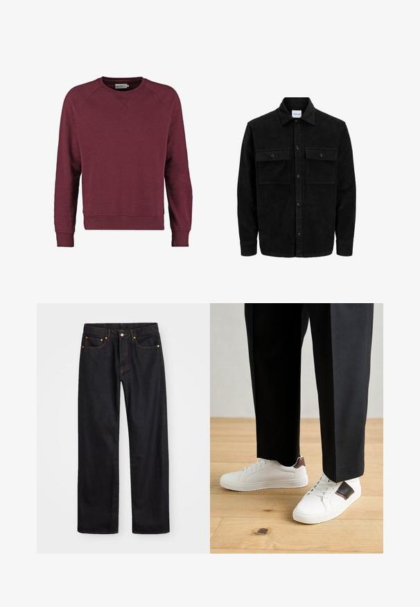 Crni kožni kord jakna na dugmad s dva prednja džepa s preklopom i klasičnim ovratnikom, dugim rukavima i rebrastom teksturom.; Bordo dukserica s okruglim izrezom, raglan rukavima, rebrastim manžetama i donjim rubom, napravljena od mekane pamučne mješavine.; Muške traperice ravnog kroja, crne boje, s pet džepova i narančastim šavovima, sa zatvaranjem na dugme i patentni zatvarač na prednjem dijelu struka.; Bijele tenisice s glatkom teksturom, s smešnim kožnim detaljima i crnim naglascima, u kombinaciji s crnim krojenim hlačama. Pozadina od drvenog poda.