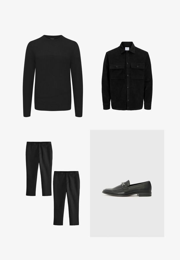 Jachetă din catifea neagră, cu butoni, două buzunare frontale cu clapetă și un guler clasic, mâneci lungi și textură ribbed.; Pulover negru tricotat cu guler rotund, având un panou superior texturat și manșete și tiv din material elastic. Fabricat dintr-un material moale și călduros.; Pantaloni negri, croiți, cu o textură netedă, având un design cu picior drept și talie medie. Se prezintă două perechi, una dintre ele fiind scurtă.; Pantofii negri din piele cu un finisaj neted, având un design cusut și un accent decorativ de lanț metalic peste partea de sus. Toc plat.