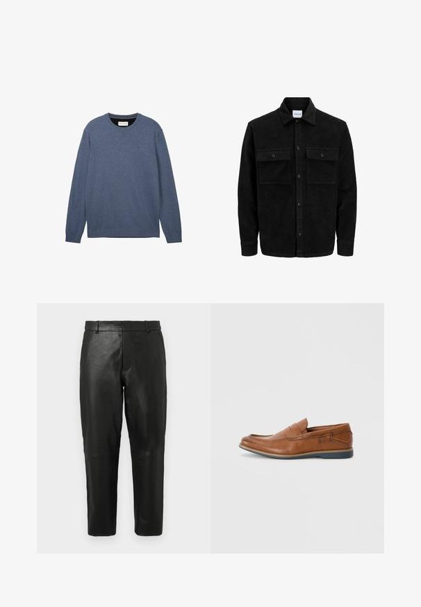 Black corduroy button-up jacket with two front flap pockets and a classic collar, long sleeves, and ribbed texture.; Crewneck sweater in dark blue, crafted from soft fabric with a smooth texture, featuring long sleeves and ribbed cuffs and hem.; Black leather straight-leg trousers with belt loops and side pockets, displayed against a plain light background.; Brown leather loafers with a round toe, stitched accents, and a low rubber sole. The design features a band across the upper.
