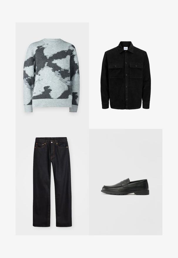 Črna kordurojska jakna z gumbi, z dvema sprednjima žepoma z zavihkom in klasičnim ovratnikom, dolgimi rokavi ter rebrasto teksturo.; Jack & Jones JCOTRAVIS - Pulover - light grey melange; Moške črne kavbojke ravnega kroja z petimi žepi in oranžnim šivanjem, z gumbom in zadrgo na sprednjem pasu.; Črne usnjene loafer čevlje z gladko površino, zgornjim delom v slogu mokasin, šivanimi detajli in gumijastim podplatom. Klasična zasnova z nizko peto.