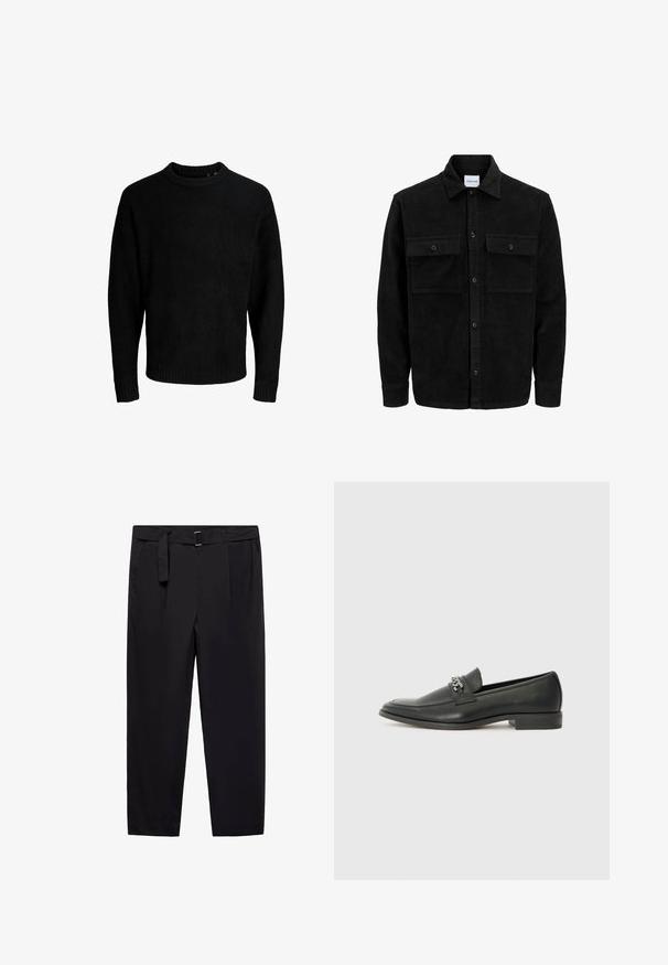 Crni kožni kord jakna na dugmad s dva prednja džepa s preklopom i klasičnim ovratnikom, dugim rukavima i rebrastom teksturom.; Crna džemper, okrugli izrez, dugi rukavi, rebrasti manžetni i rub, meka tekstura, jednobojna, minimalistički dizajn.; Crne hlače ravnog kroja, s remenima i odvojivim remenom. Glatka tkanina s bočnim džepovima i bez vidljivih uzoraka ili metalnih detalja.; Crna kožna loafer cipela s glatkom finišem, s ušivenim uzorkom i dekorativnim metalnim lancem preko prednjeg dijela. Ravni potplat.
