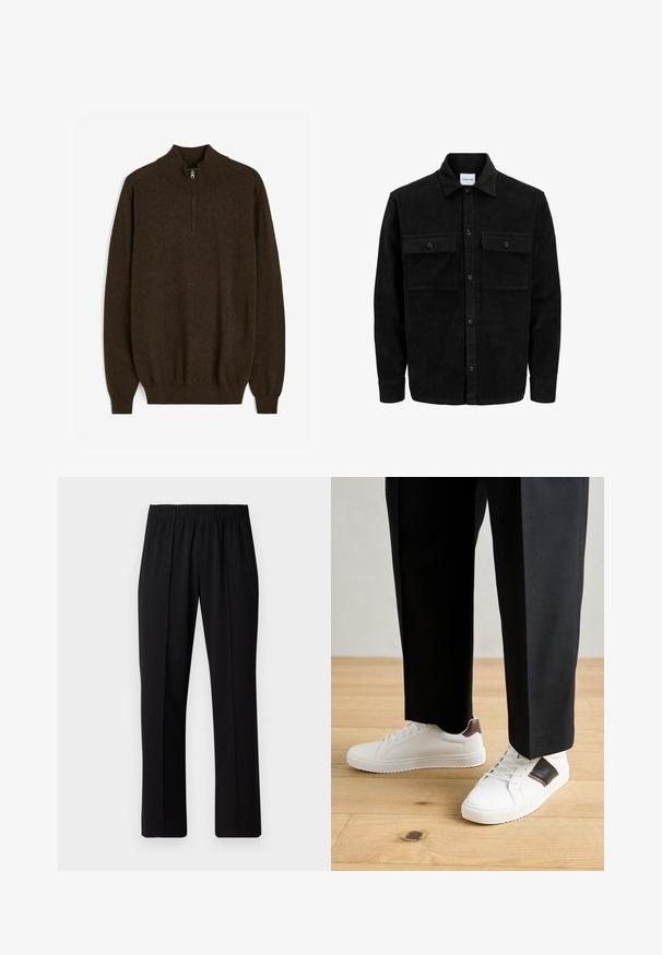 Mustat corduroy-nappi takki, jossa on kaksi etupistotaskua ja klassinen kaulus, pitkät hihat ja ribattu pinta.; Ruskea puuvillapaita, jossa on korkea kaulus, puolivetoketju ja ribattu hihansuut ja helma. Paita on sileää, neulottua tekstiiliä.; Mustat, joustavat vyötäröhousut suoralla lahkeella, joissa on sileä pinta ilman näkyviä kuvioita tai metalliosia.; Valkoiset tennarit, joissa on sileä pinta, ruskealla nahka-akentilla ja mustilla yksityiskohdilla, yhdistetty mustiin räätälöityihin housuihin. Taustalla puulattia.